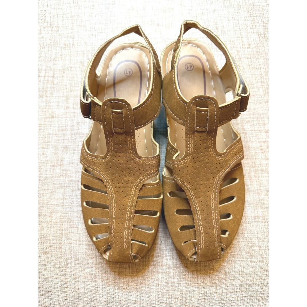 Brown Faux Suede‎ Fisherman Sandals Low Wedge Shoes Size 9.5